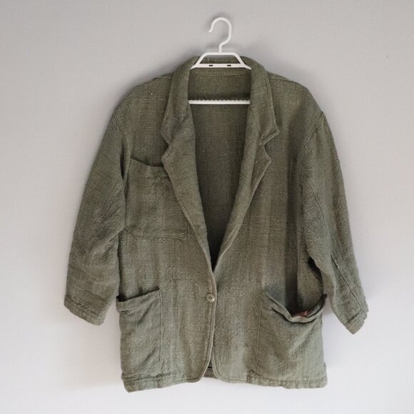 Vntg Margaret Godfrey Bagatelle V-Neck Single Button Canada Green Cotton Blazer - Picture 1 of 12